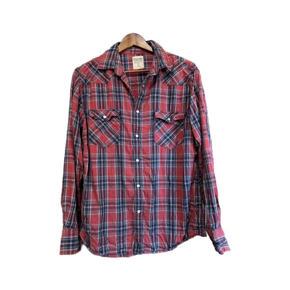 Mossimo Plaid Western Snap Shirt Mens Medium Red Blue Excellent Athletic Fit